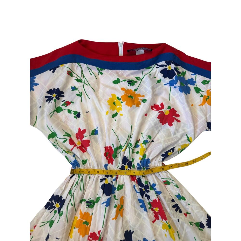 Vintage ‘70s ‘80s Bright Floral Midi Dress Size 12 SANS ÂGE Red Blue White Green - Picture 9 of 11